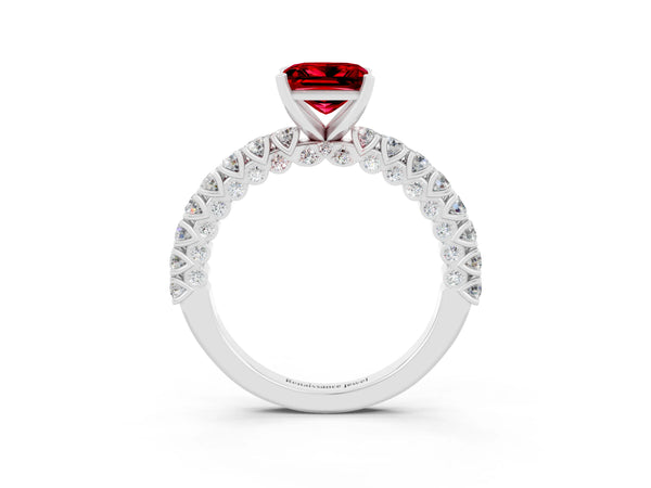 Silver Princess Cut Diamond Pavé Band Solitaire Ring with Prong Setting
