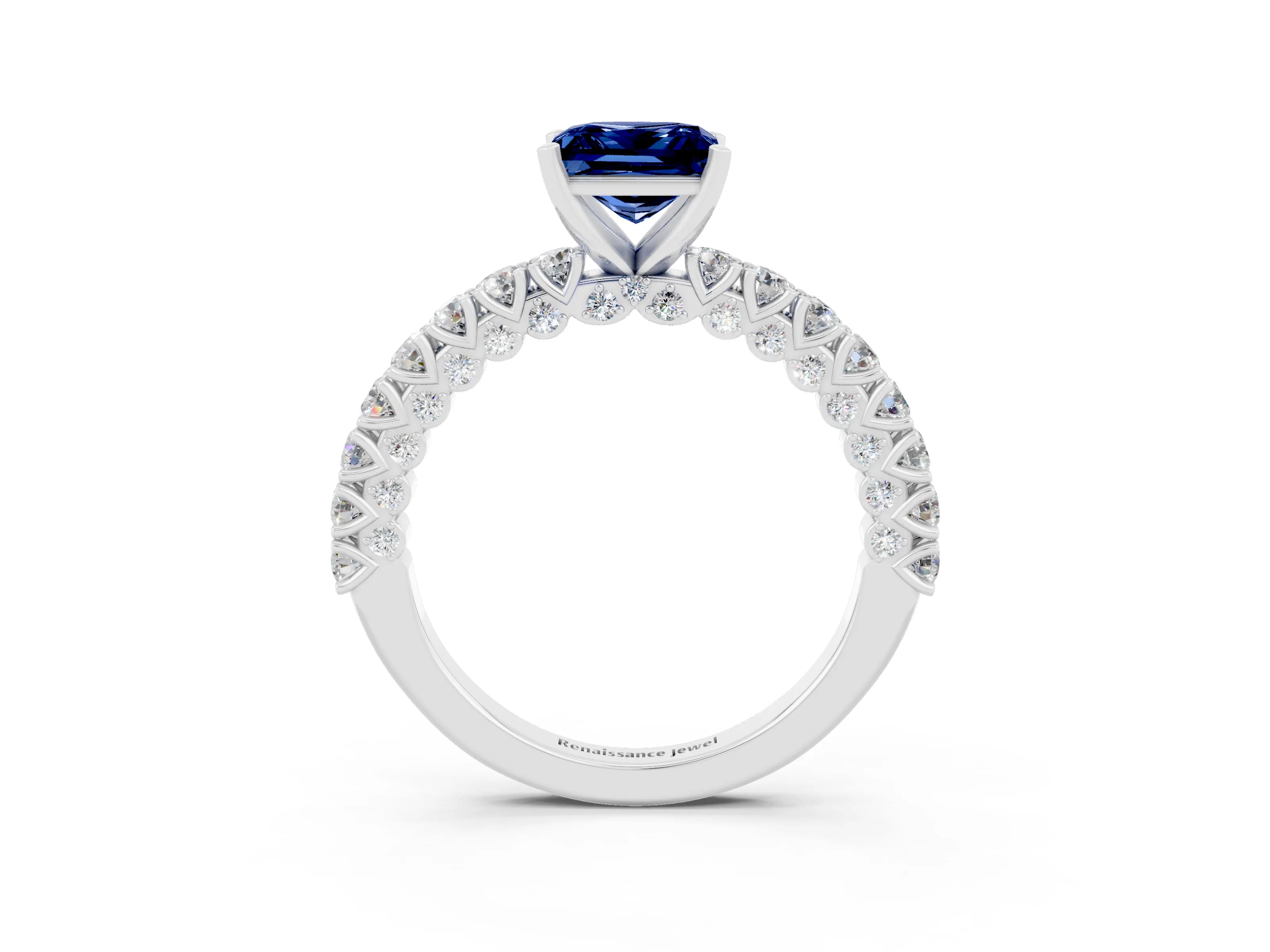 White gold Princess Cut Diamond Pavé Band Solitaire Ring with Prong Setting_3