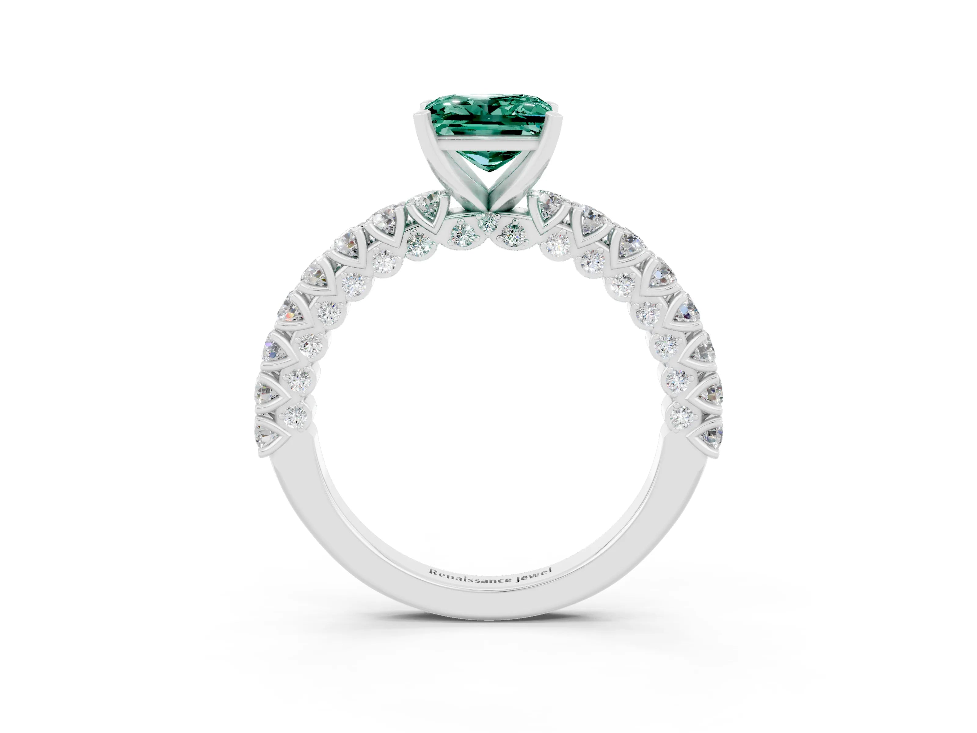 White gold Princess Cut Diamond Pavé Band Solitaire Ring with Prong Setting_3