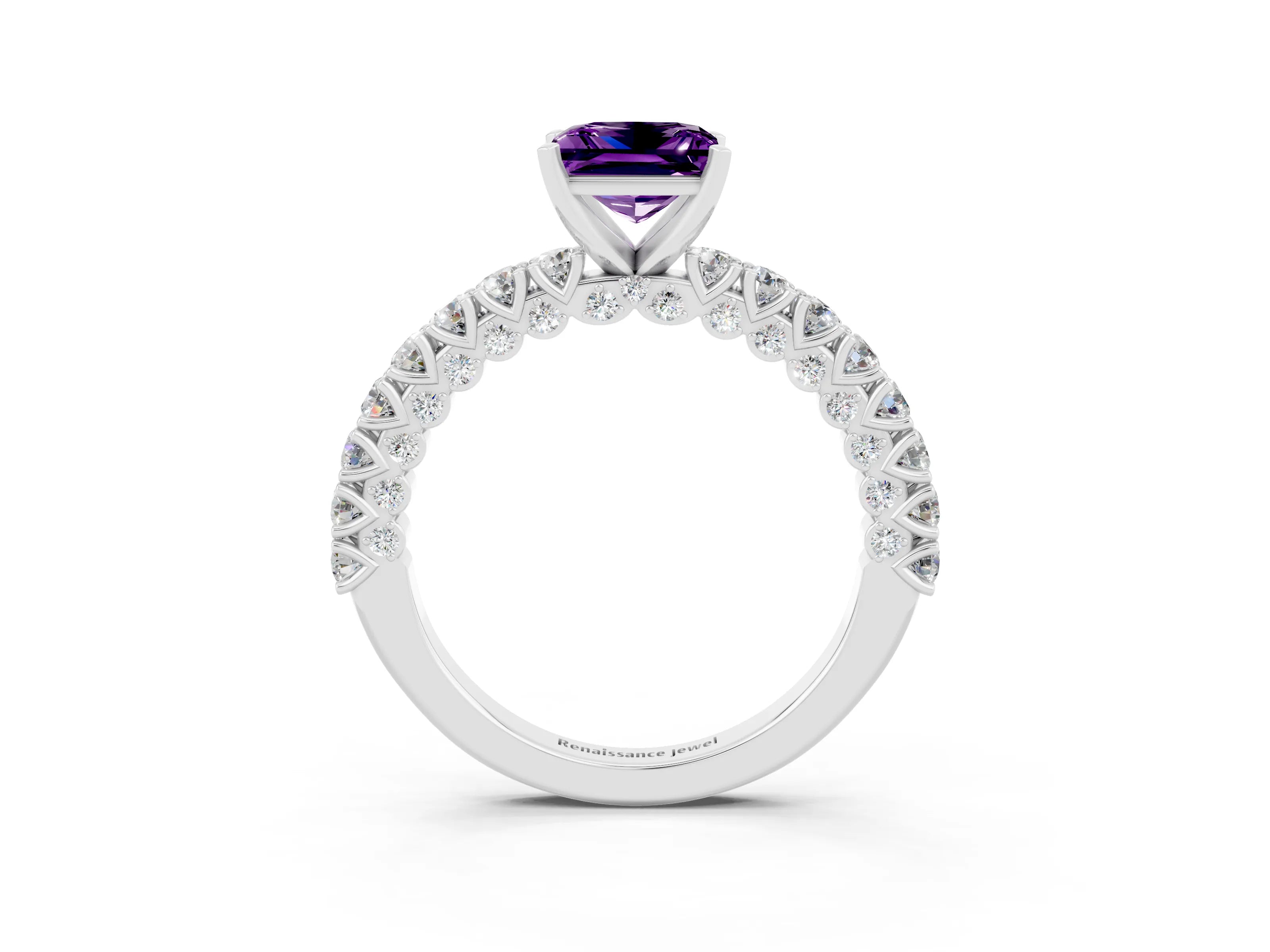 White gold Princess Cut Diamond Pavé Band Solitaire Ring with Prong Setting_3