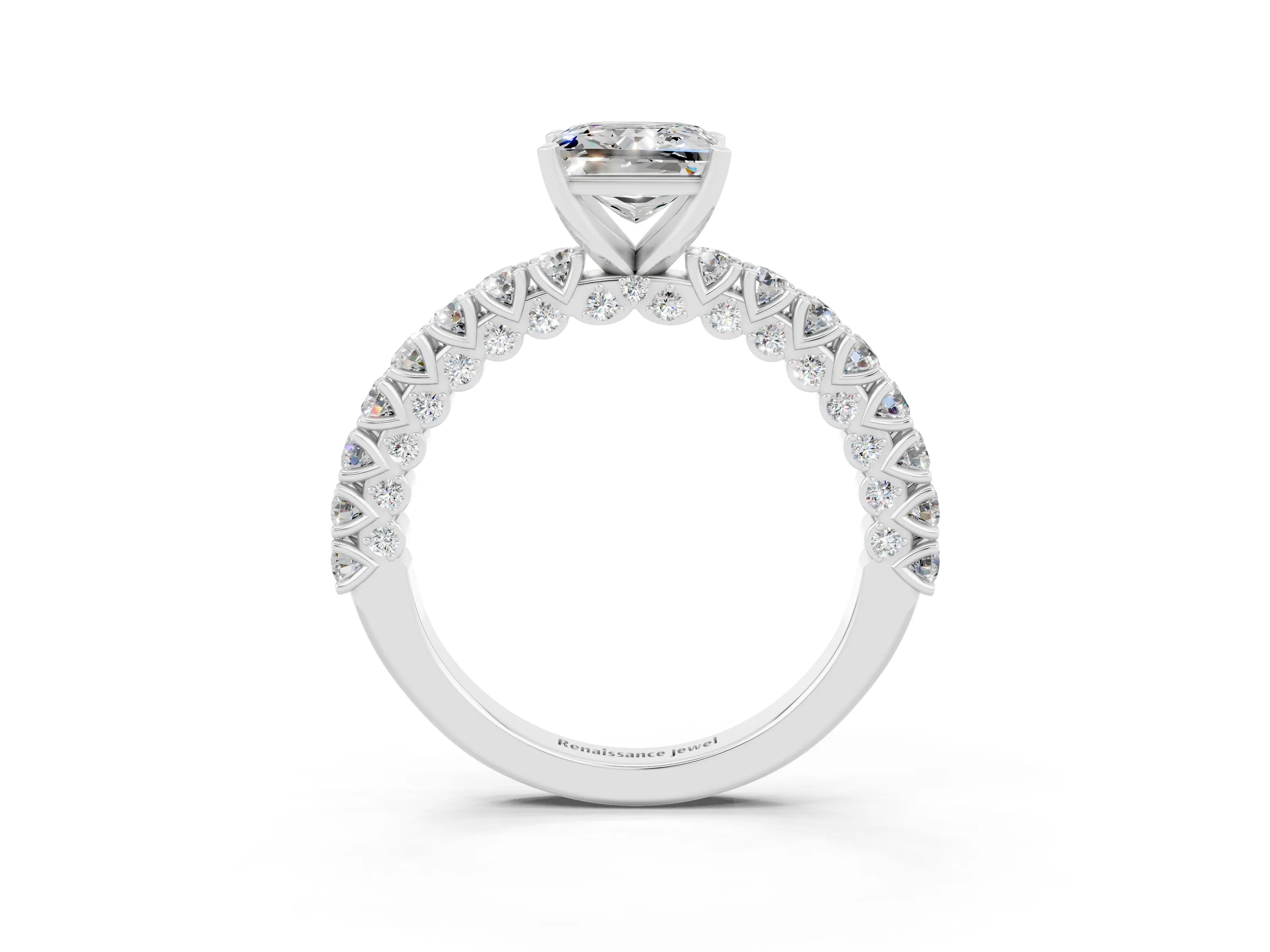 White gold Princess Cut Diamond Pavé Band Solitaire Ring with Prong Setting_3