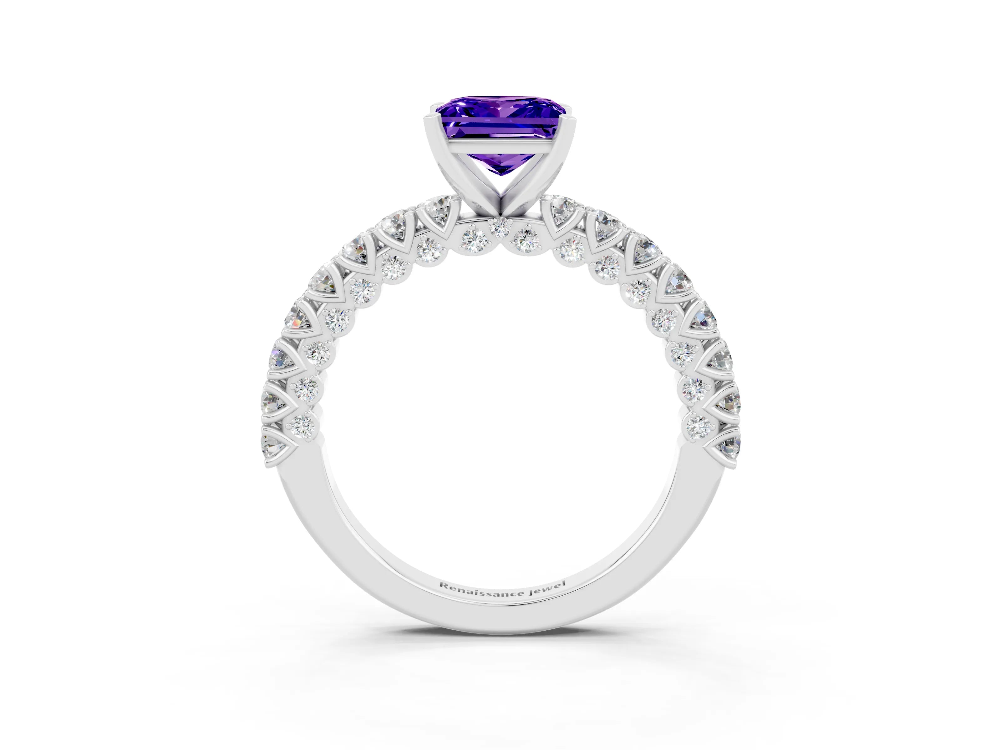 White gold Princess Cut Diamond Pavé Band Solitaire Ring with Prong Setting_3