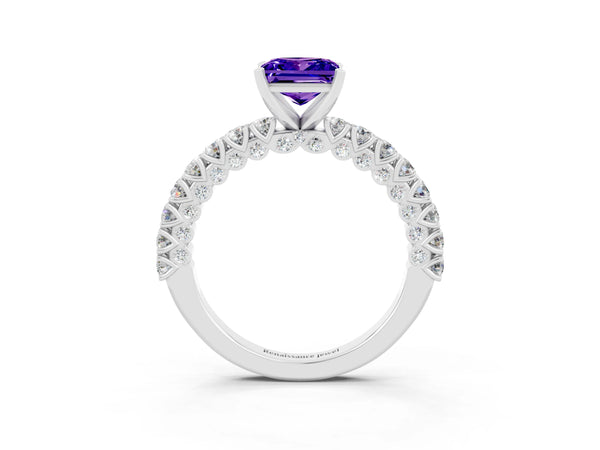 Silver Princess Cut Diamond Pavé Band Solitaire Ring with Prong Setting