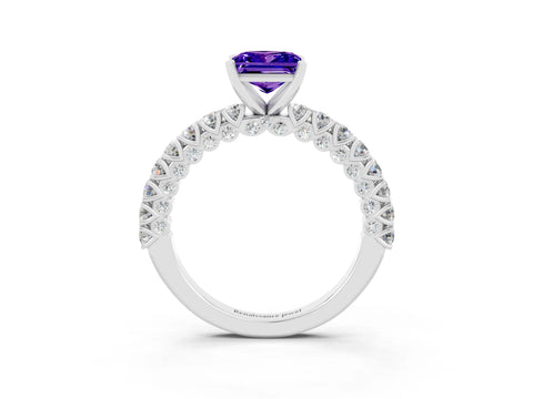 White gold Princess Cut Diamond Pavé Band Solitaire Ring with Prong Setting_3