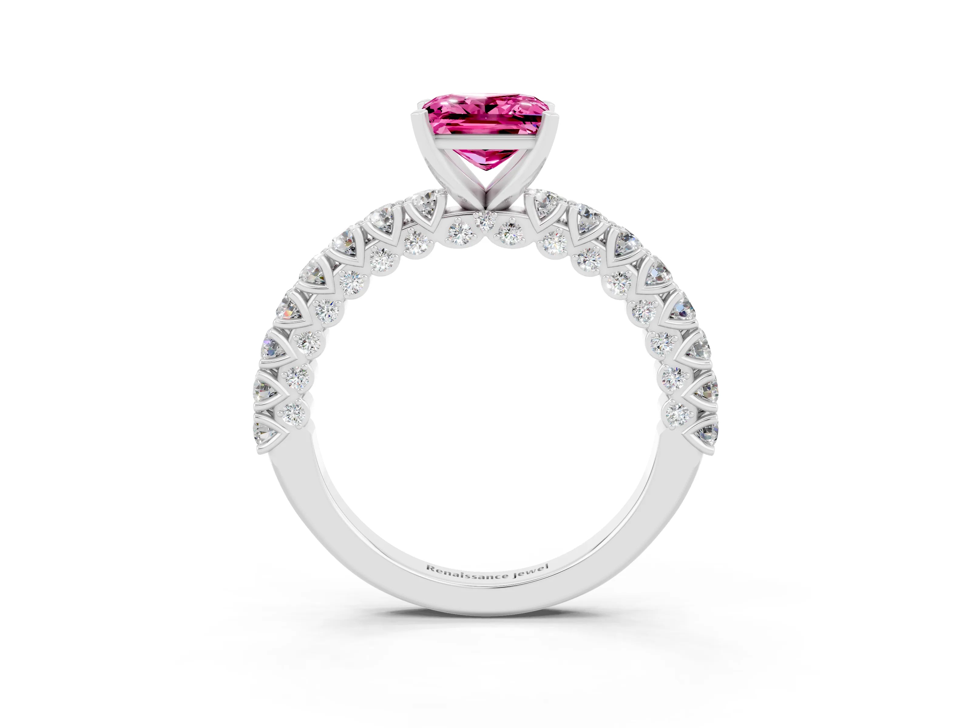 White gold Princess Cut Diamond Pavé Band Solitaire Ring with Prong Setting_3