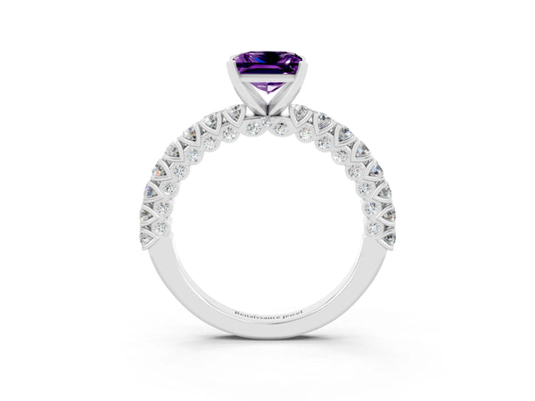 Silver Princess Cut Amethyst Solitaire Ring with Round Accent Pavé Band and Prong Setting