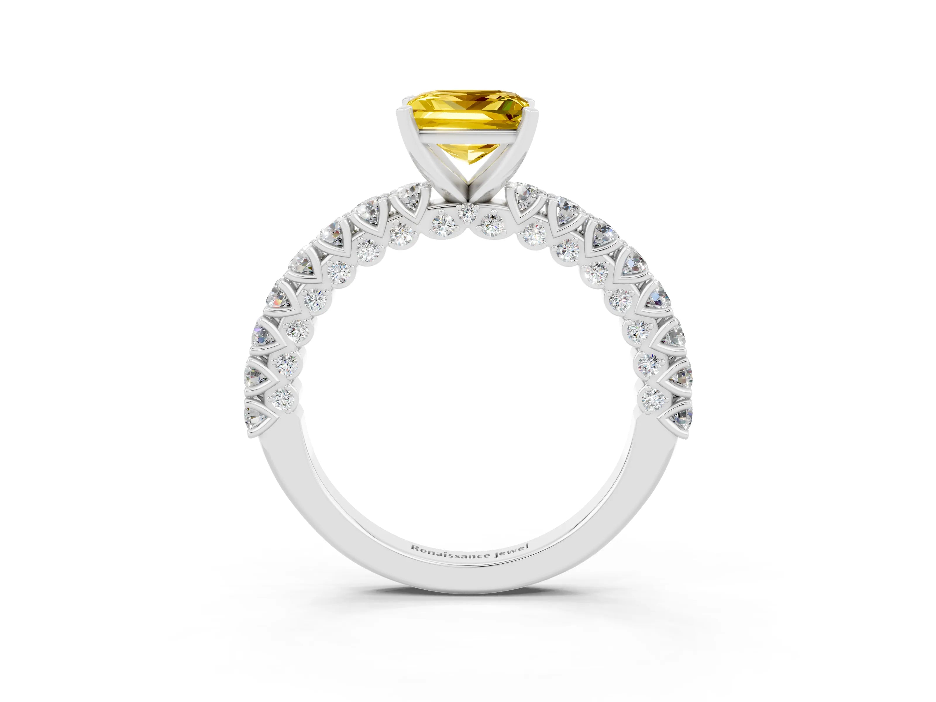 White gold Princess Cut Diamond Pavé Band Solitaire Ring with Prong Setting_3