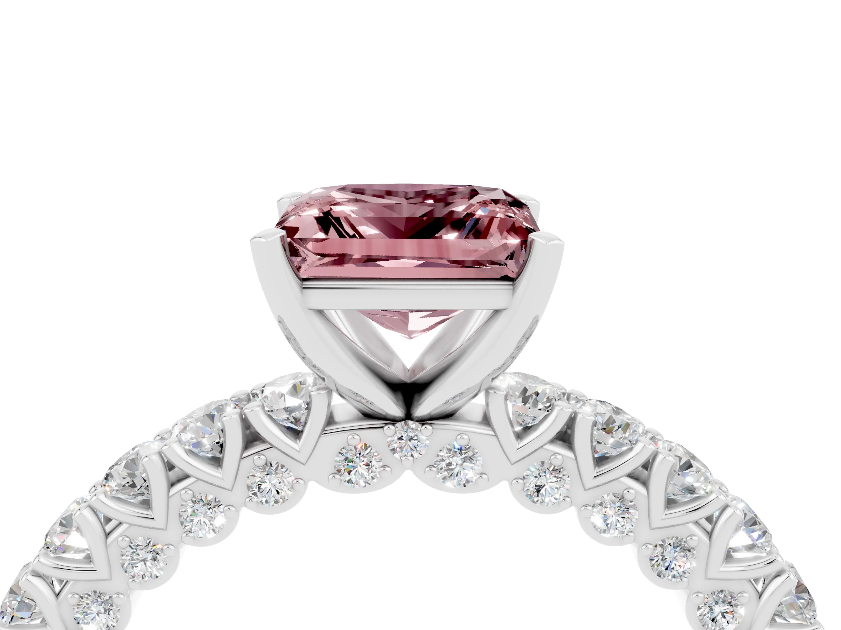 White gold Princess Cut Diamond Pavé Band Solitaire Ring with Prong Setting_4
