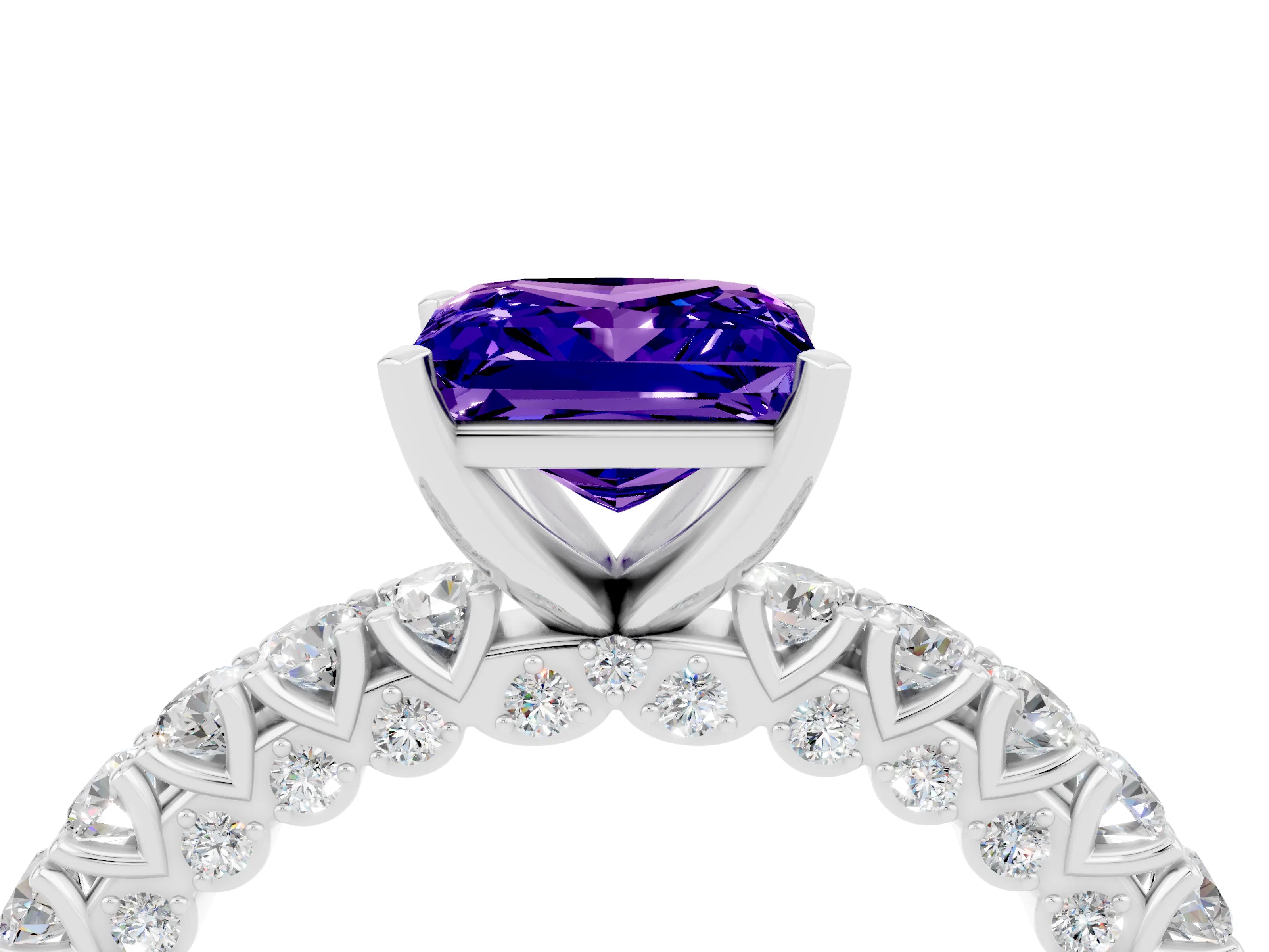 White gold Princess Cut Diamond Pavé Band Solitaire Ring with Prong Setting_4