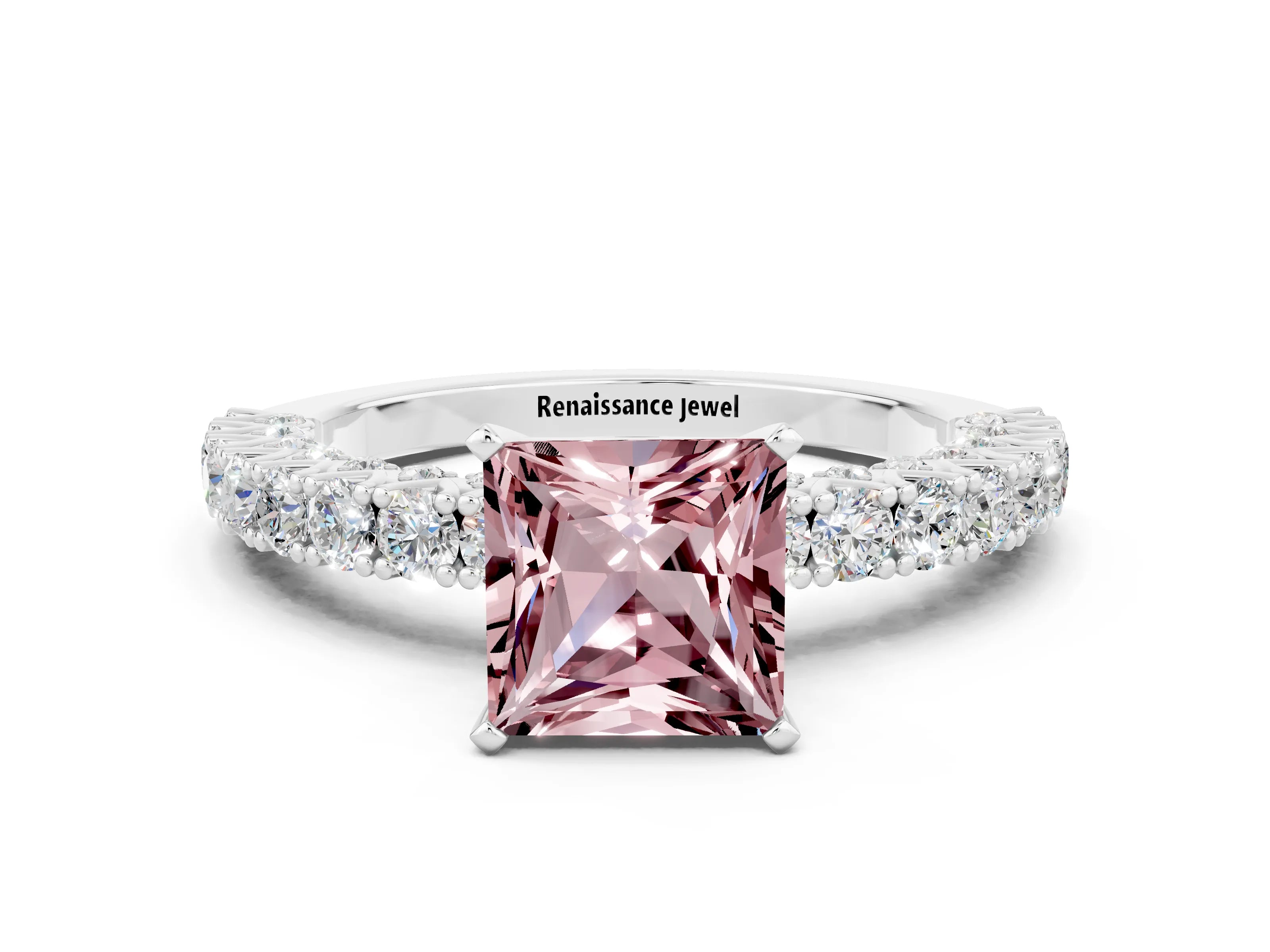 White gold Princess Cut Diamond Pavé Band Solitaire Ring with Prong Setting