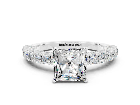 White gold Princess Cut Diamond Pavé Band Solitaire Ring with Prong Setting_6
