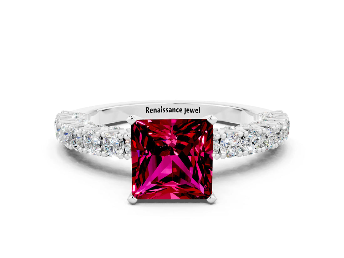 White gold Princess Cut Diamond Pavé Band Solitaire Ring with Prong Setting