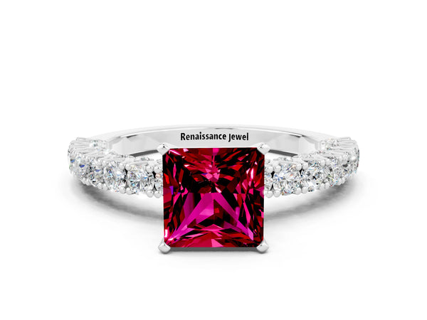 Silver Princess Cut Diamond Pavé Band Solitaire Ring with Prong Setting