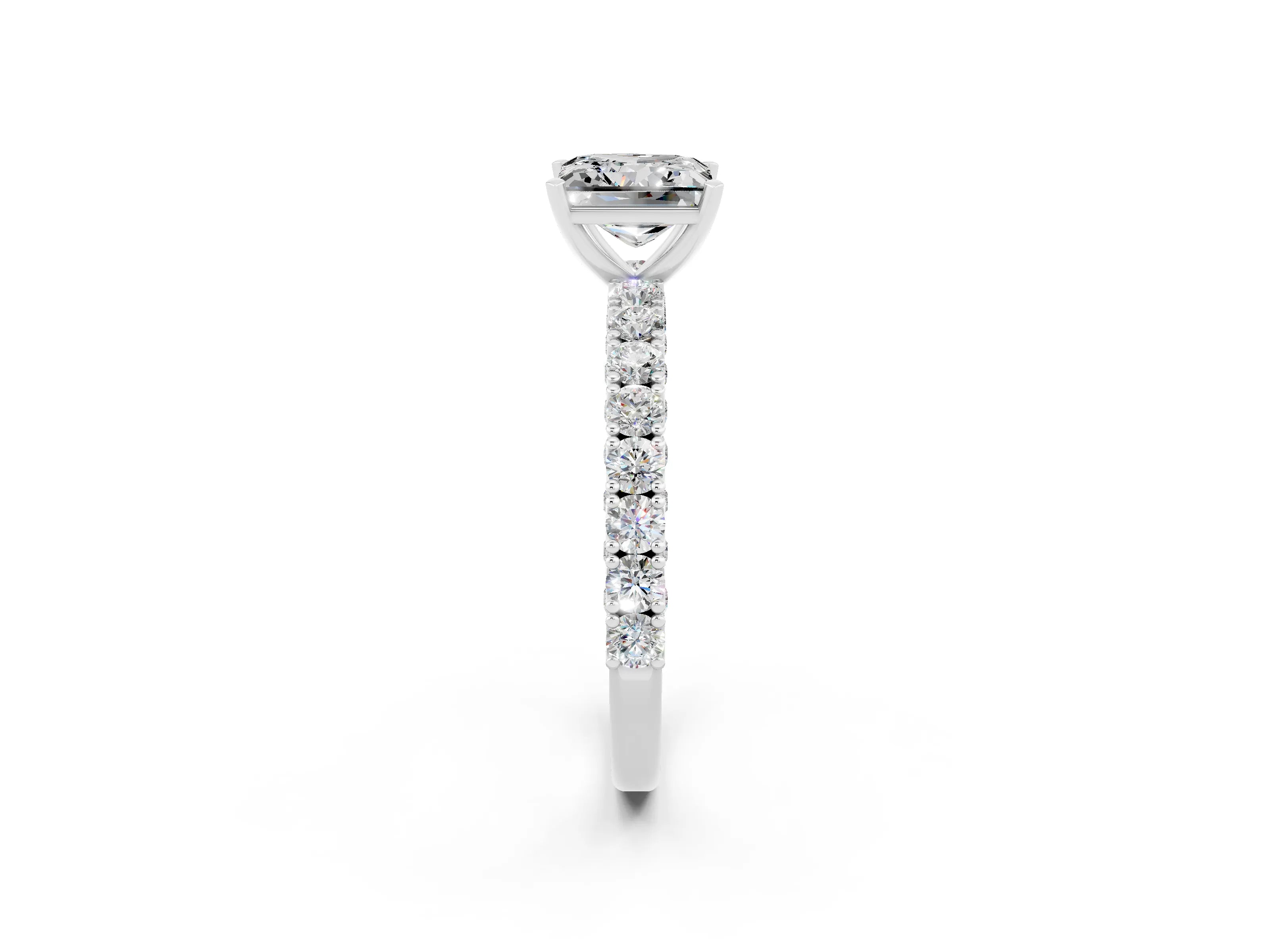 White gold Princess Cut Diamond Pavé Band Solitaire Ring with Prong Setting_8