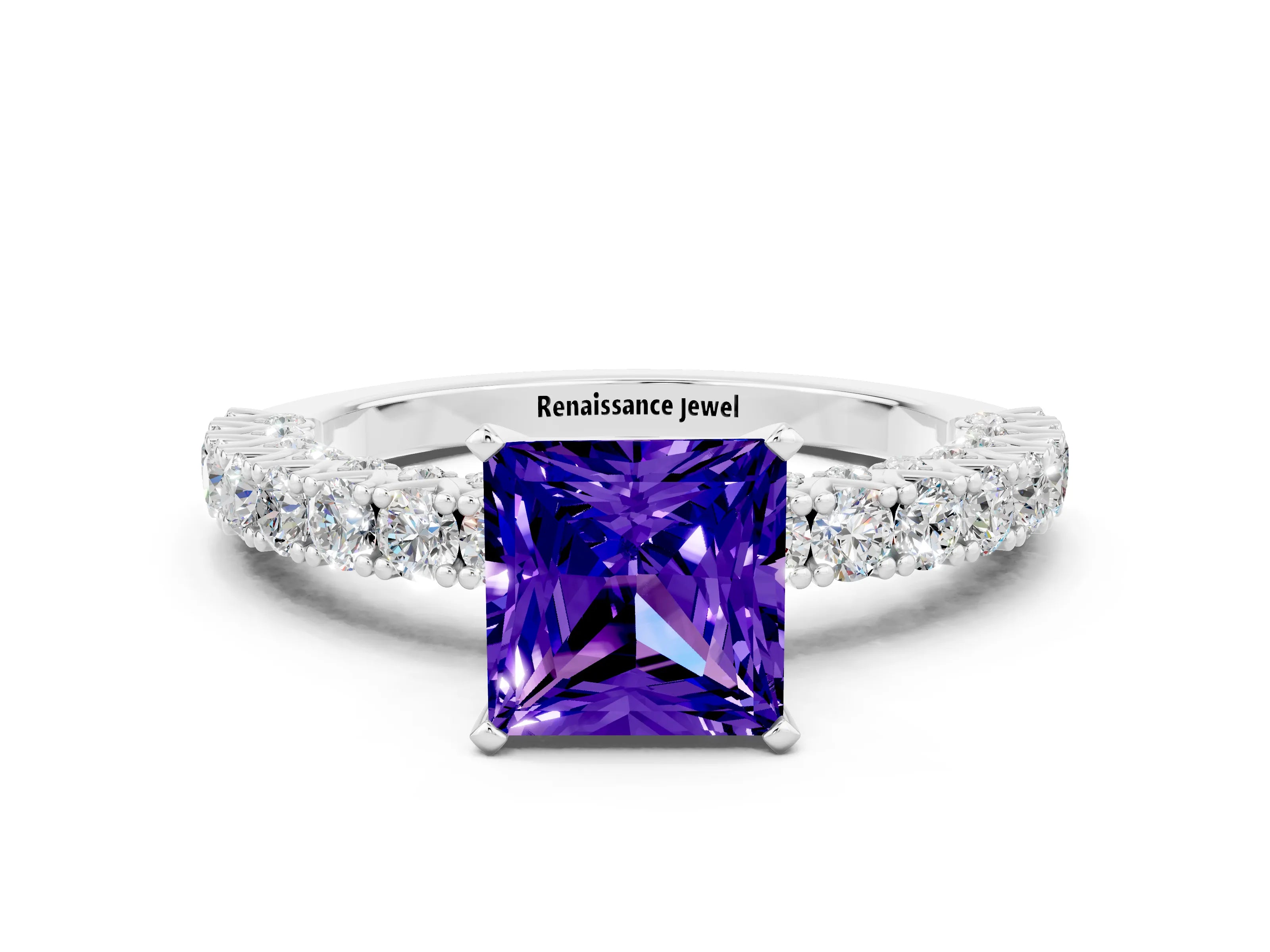 White gold Princess Cut Diamond Pavé Band Solitaire Ring with Prong Setting