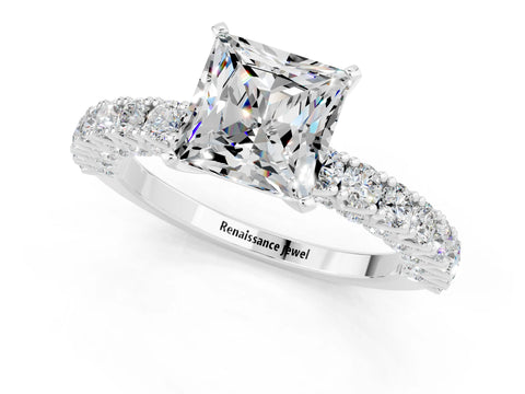 White gold Princess Cut Diamond Pavé Band Solitaire Ring with Prong Setting_9