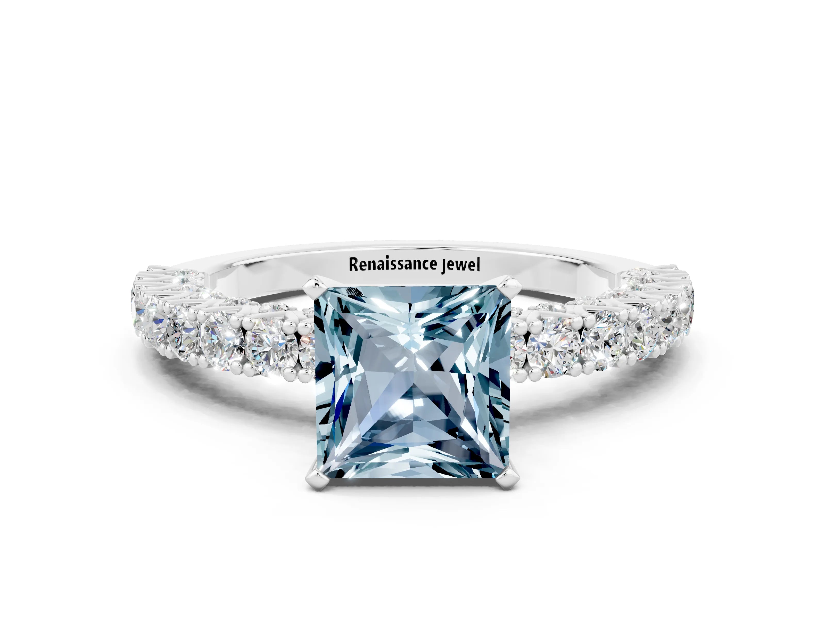 White gold Princess Cut Diamond Pavé Band Solitaire Ring with Prong Setting