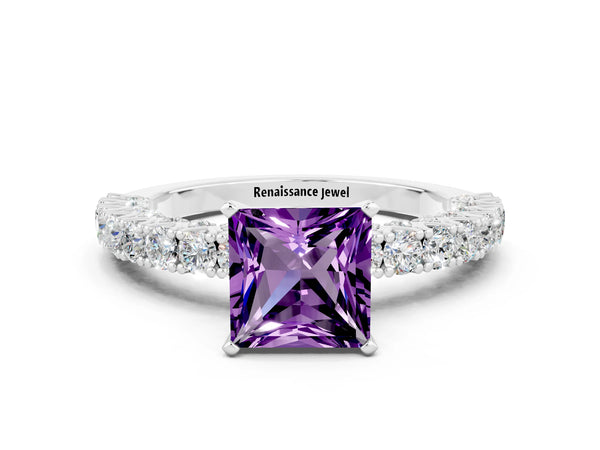 White gold Princess Cut Amethyst Solitaire Ring with Round Accent Pavé Band and Prong Setting