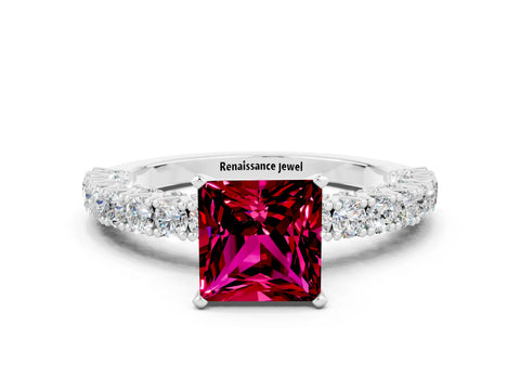 White gold Princess Cut Diamond Pavé Band Solitaire Ring with Prong Setting