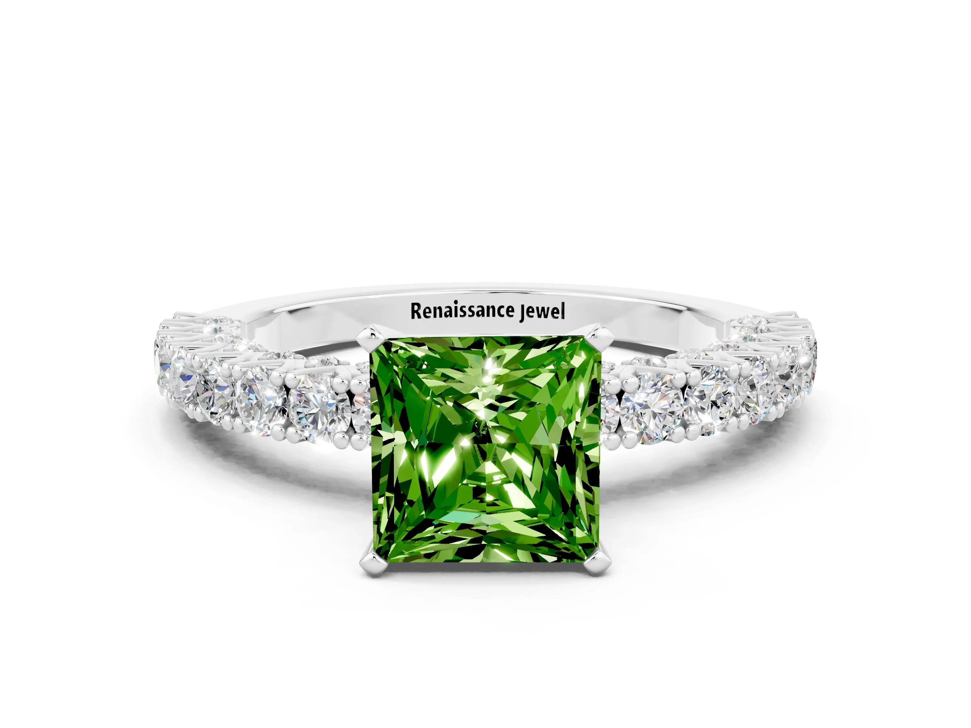 White gold Princess Cut Diamond Pavé Band Solitaire Ring with Prong Setting