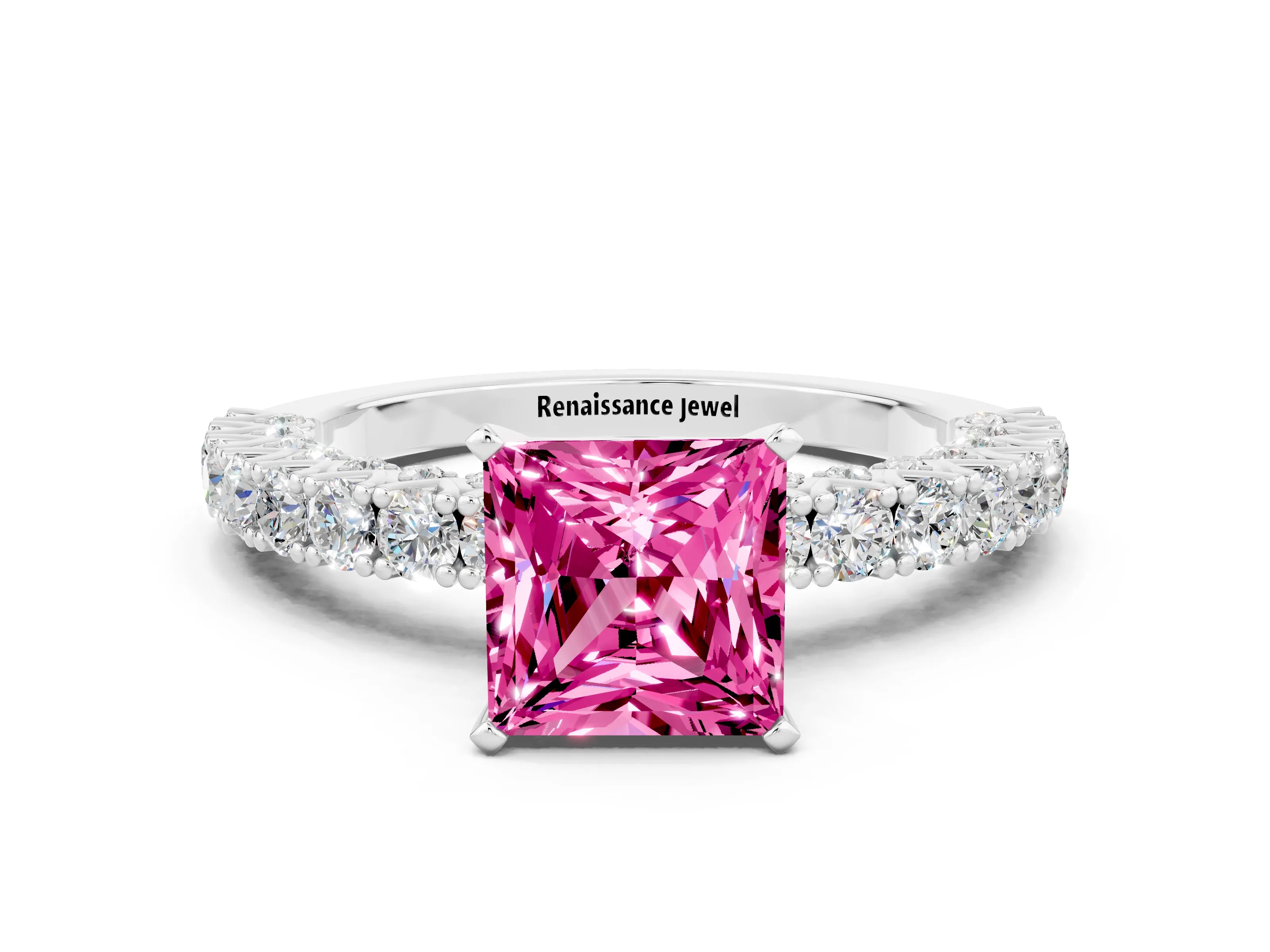 White gold Princess Cut Diamond Pavé Band Solitaire Ring with Prong Setting