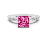 White gold Princess Cut Diamond Pavé Band Solitaire Ring with Prong Setting