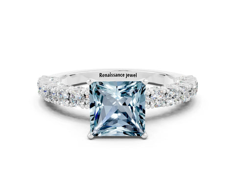 White gold Princess Cut Diamond Pavé Band Solitaire Ring with Prong Setting