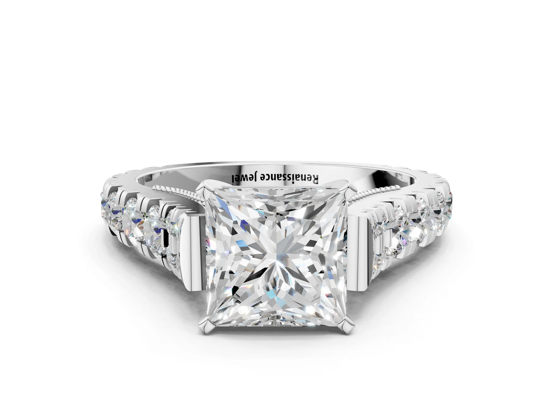 White gold Princess Cut Diamond Pavé Band Solitaire with Four-Prong Setting_36