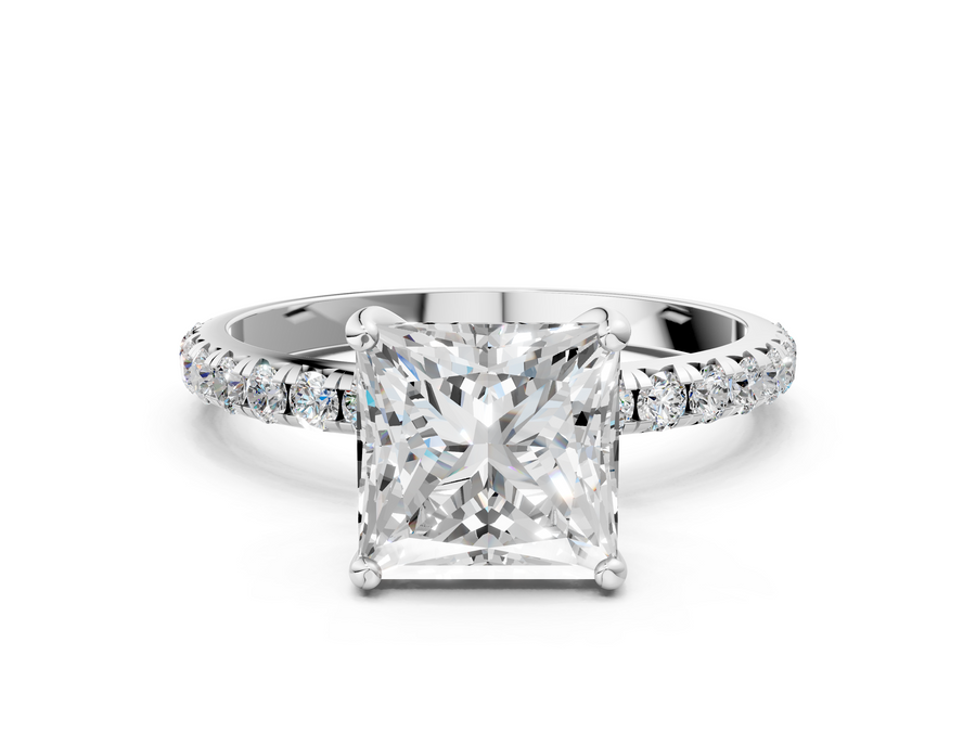 White gold Princess Cut Diamond Solitaire Ring with Micro Pave Band and Four Prong Setting