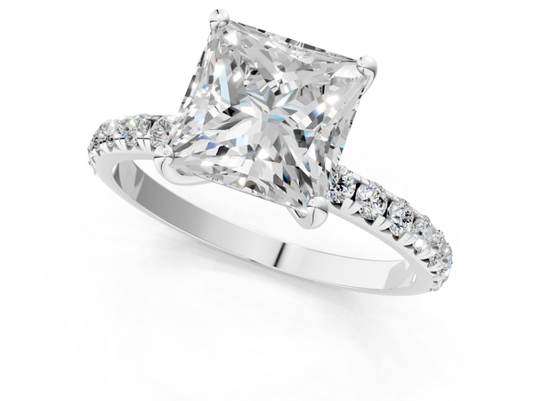 White gold Princess Cut Diamond Solitaire Ring with Micro Pave Band and Four Prong Setting