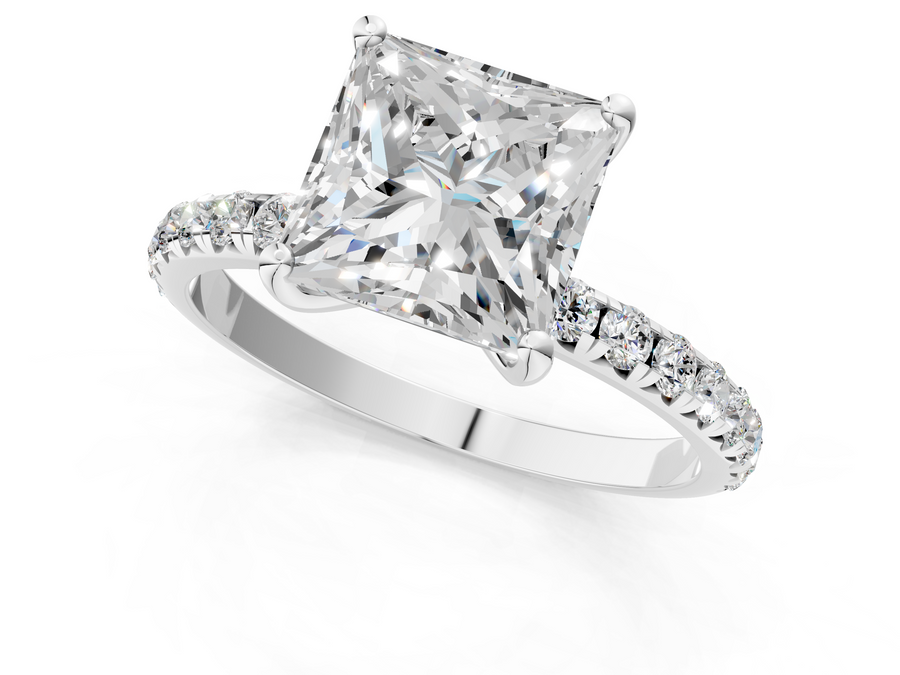 White gold Princess Cut Diamond Solitaire Ring with Micro Pave Band and Four Prong Setting