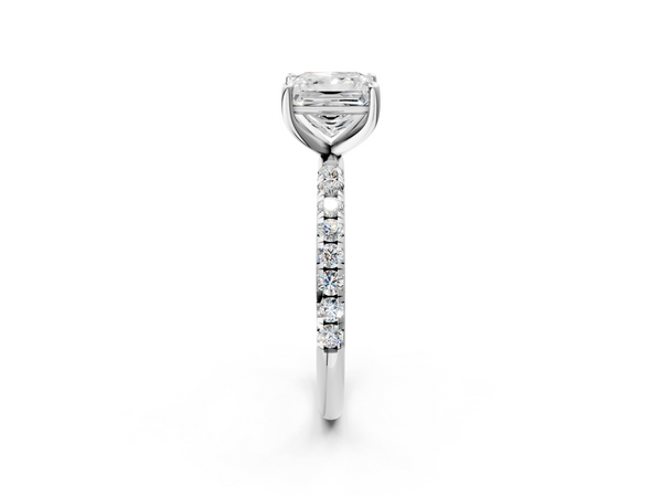White gold Princess Cut Diamond Solitaire Ring with Micro Pave Band and Four Prong Setting