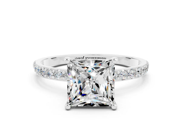 Platinum Princess Cut Moissanite Solitaire Ring with Round Pavé Shoulders and Prong Setting