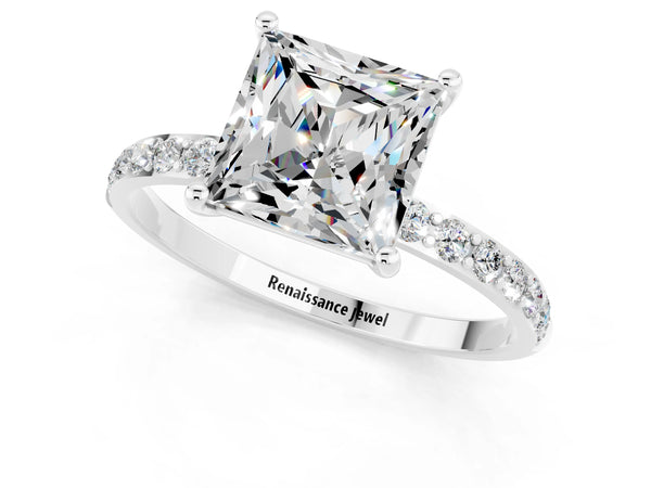 Platinum Princess Cut Moissanite Solitaire Ring with Round Pavé Shoulders and Prong Setting