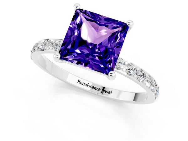 Silver Princess Cut Tanzanite Solitaire Ring with Round Pavé Shoulders and Prong Setting
