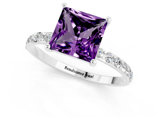 Platinum Princess Cut Amethyst Solitaire Ring with Round Pavé Shoulders and Prong Setting