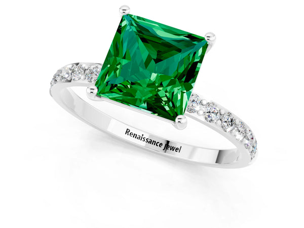 Silver Princess Cut Emerald Solitaire Ring with Round Pavé Shoulders and Prong Setting