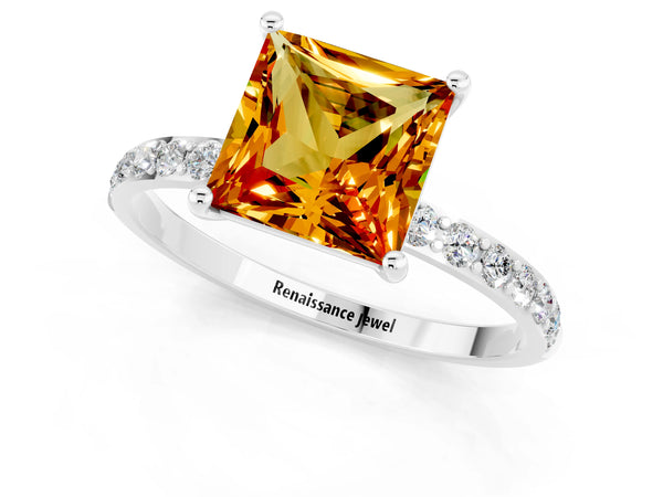 Platinum Princess Cut Citrine Solitaire Ring with Round Pavé Shoulders and Prong Setting