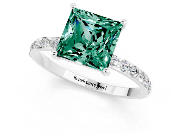 Platinum Princess Cut Green Sapphire Solitaire Ring with Round Pavé Shoulders and Prong Setting