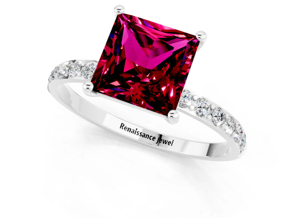 White gold Princess Cut Garnet Solitaire Ring with Round Pavé Shoulders and Prong Setting