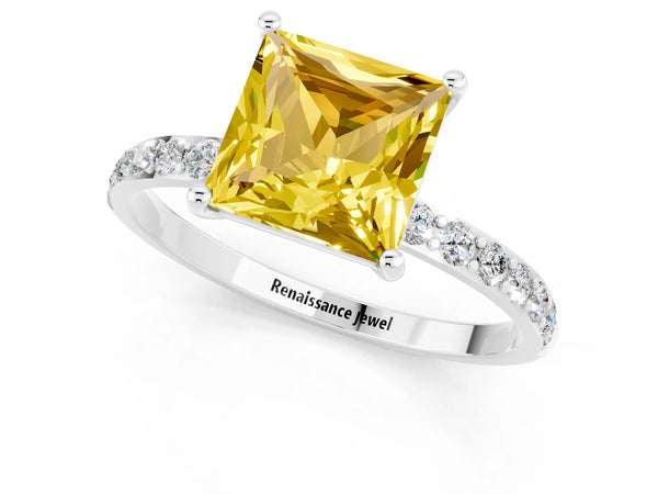 White gold Princess Cut Yellow Sapphire Solitaire Ring with Round Pavé Shoulders and Prong Setting