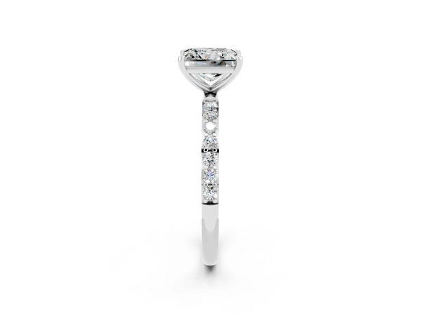 Platinum Princess Cut Moissanite Solitaire Ring with Round Pavé Shoulders and Prong Setting