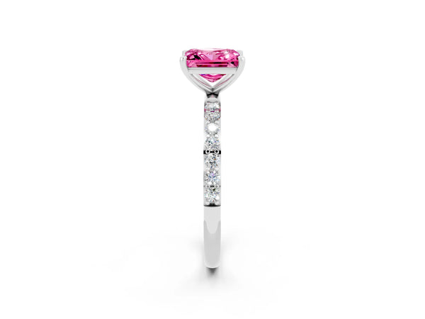 White Gold Princess Cut Lab-Grown Pink Sapphire Solitaire Engagement Ring with Pave Shoulders