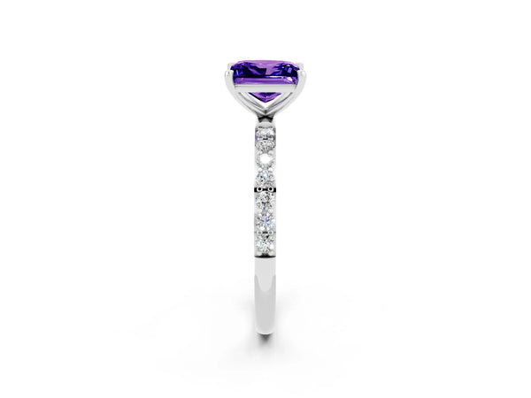 Silver Princess Cut Tanzanite Solitaire Ring with Round Pavé Shoulders and Prong Setting