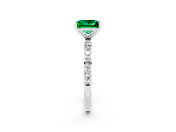 Silver Princess Cut Emerald Solitaire Ring with Round Pavé Shoulders and Prong Setting