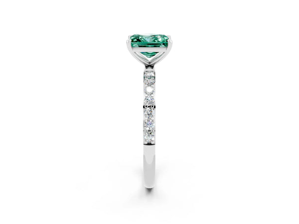 Platinum Princess Cut Green Sapphire Solitaire Ring with Round Pavé Shoulders and Prong Setting