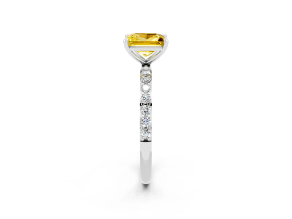Silver Princess Cut Yellow Sapphire Solitaire Ring with Round Pavé Shoulders and Prong Setting