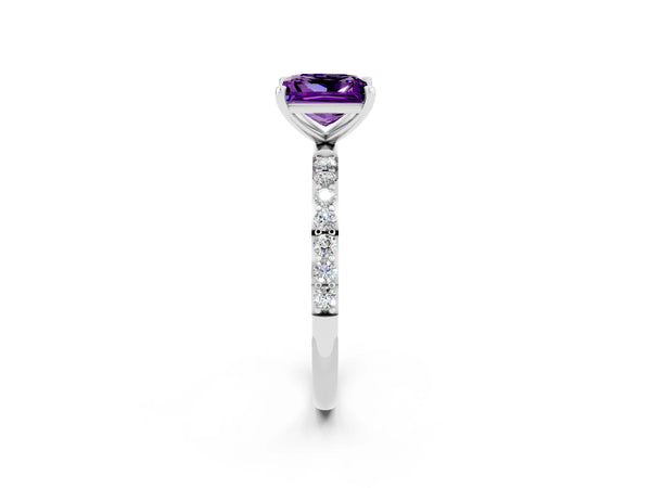 Silver Princess Cut Amethyst Solitaire Ring with Round Pavé Shoulders and Prong Setting