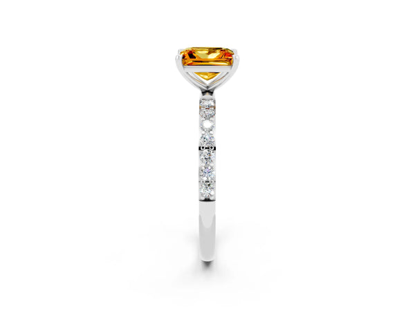 Platinum Princess Cut Citrine Solitaire Ring with Round Pavé Shoulders and Prong Setting