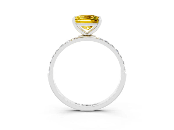 Silver Princess Cut Yellow Sapphire Solitaire Ring with Round Pavé Shoulders and Prong Setting